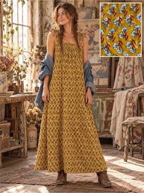 Ex Voto Vintage Iris Floral Cotton Maxi Sundress Mustard Yellow XS/S Boho